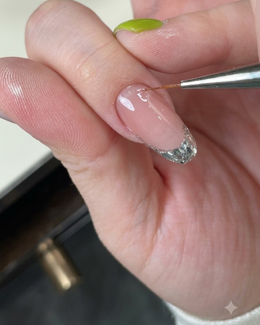 A fingernail viewed closely as the builder gel self-levels into a smooth apex.