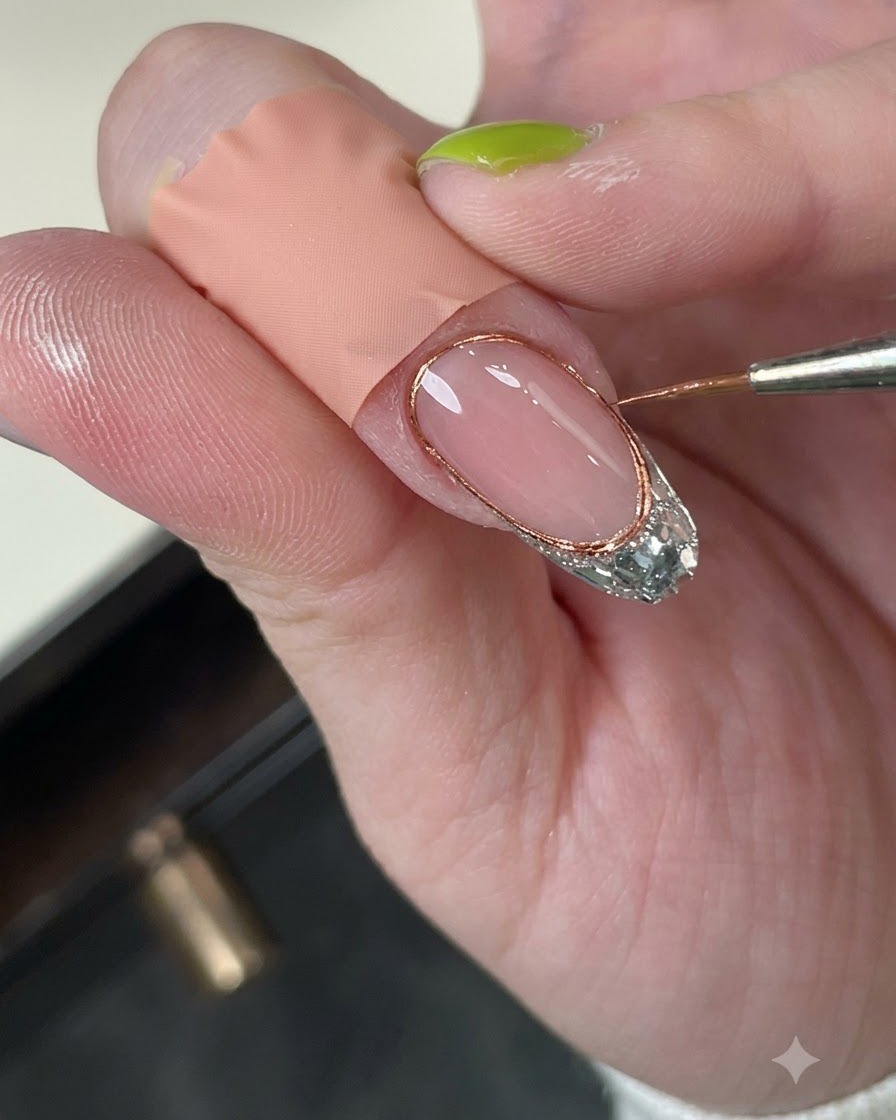A hand-held white curing lamp positioned over a fingernail to harden the gel design.