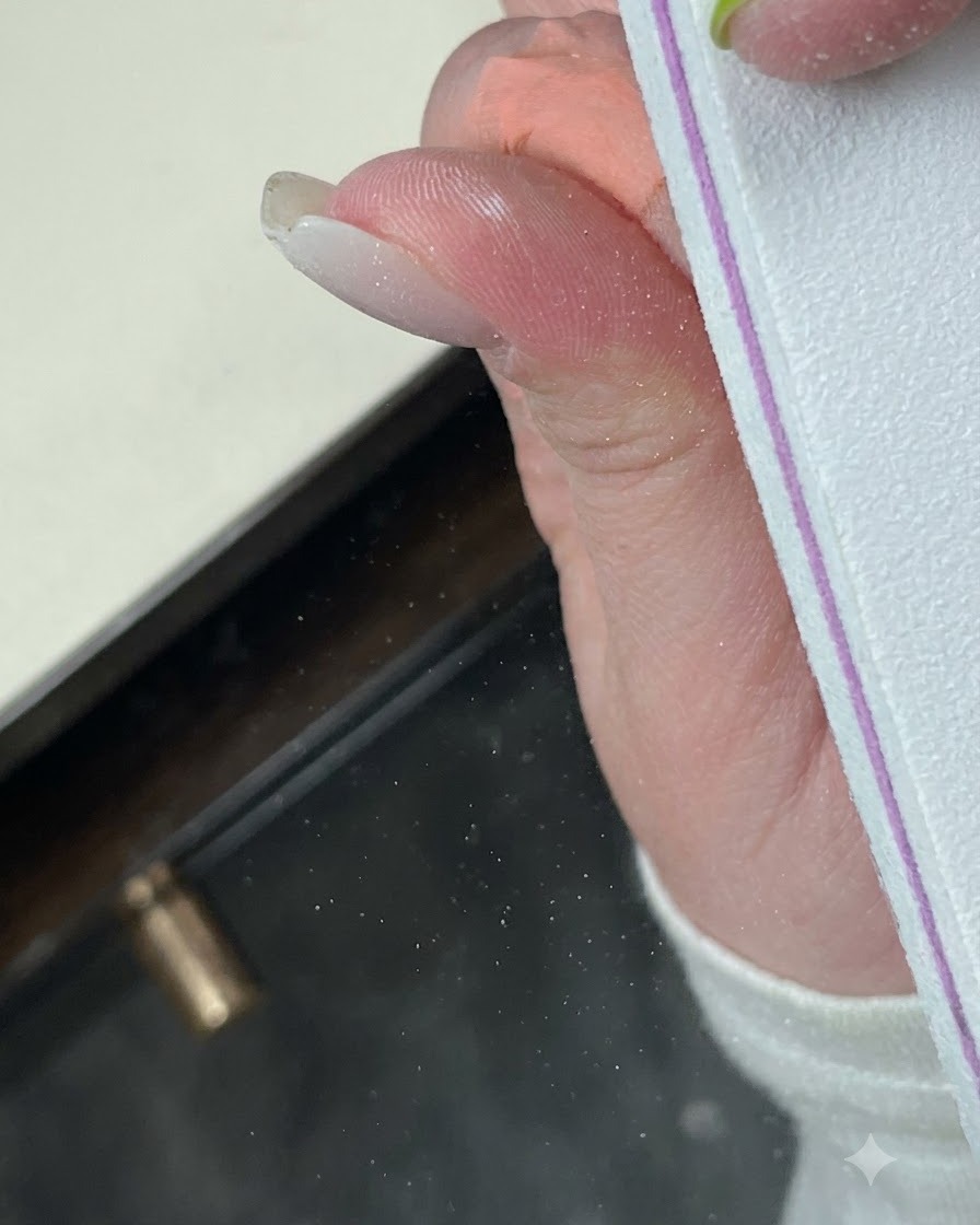 A fine brush painting a thin light blue border along the smile line of a French manicure.