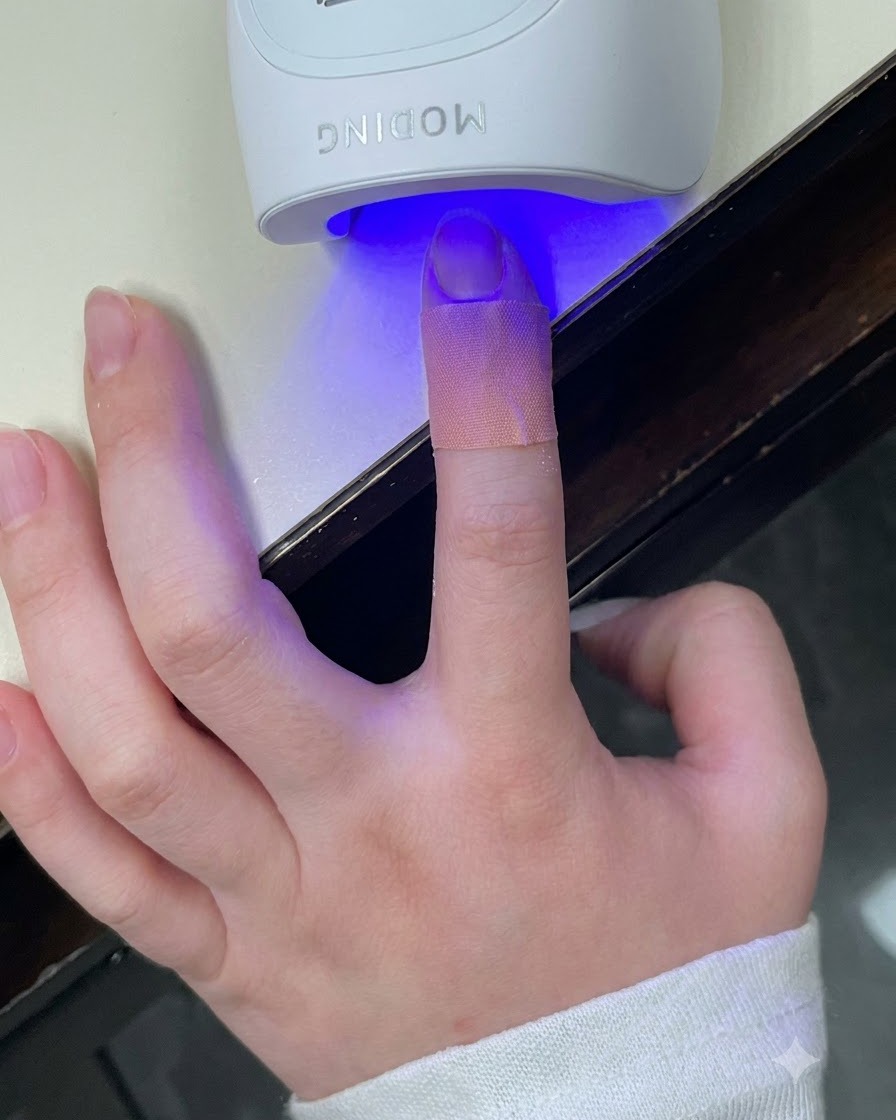 A brush applying clear glossy top coat over a decorated French manicure nail.