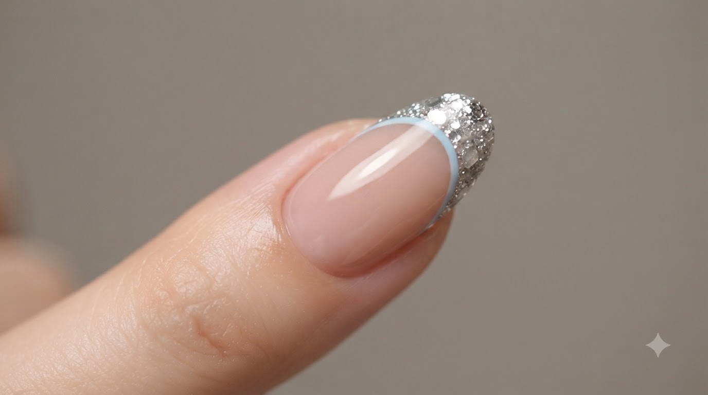 French Glitter Tip with Blue Accent Nails — Step-by-Step Tutorial