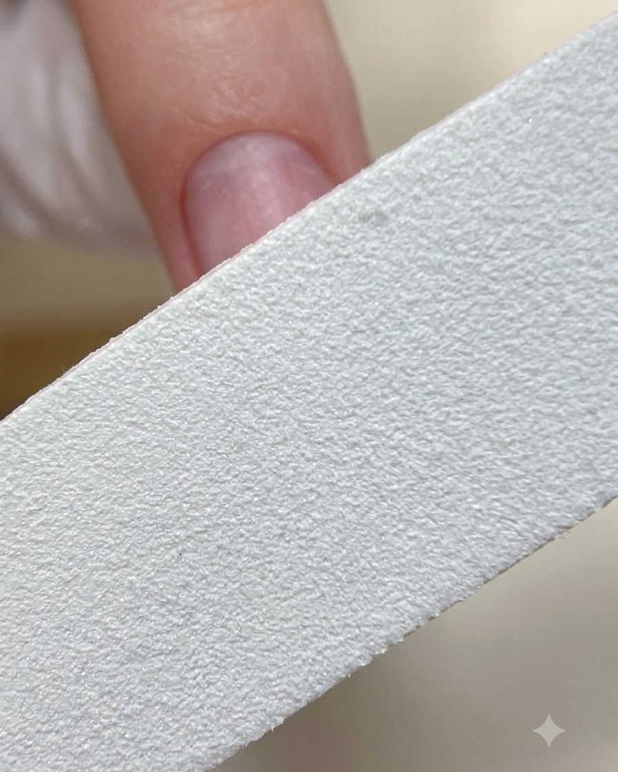 A close-up of a white nail buffer smoothing the surface of a prepped natural fingernail.