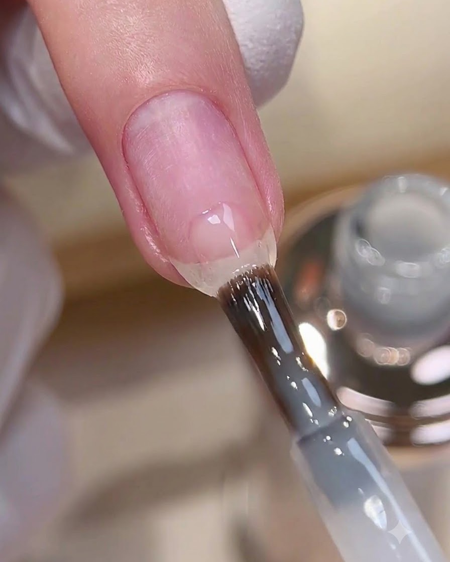 A brush applying milky white building gel to the tip of a prepped natural nail.