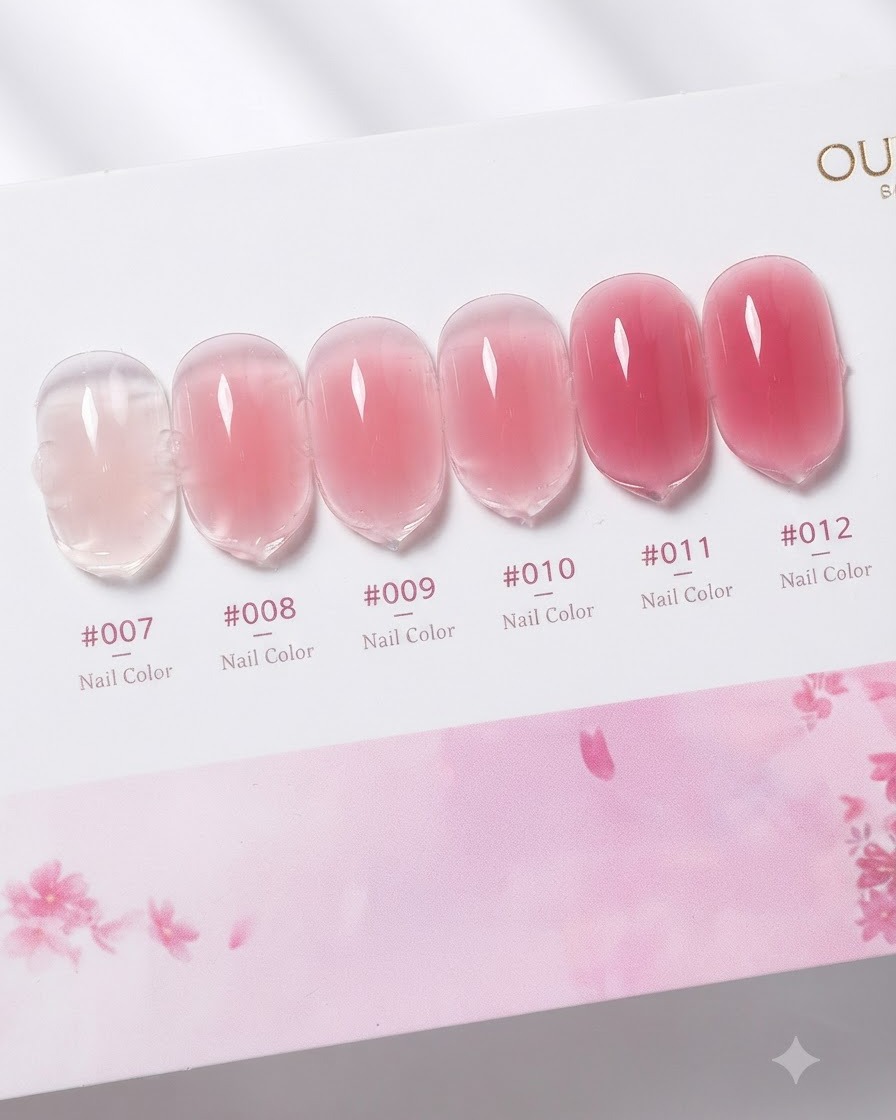 A close-up of a bottle of rose pink color building gel, showcasing its translucent pink tint and brush applicator.