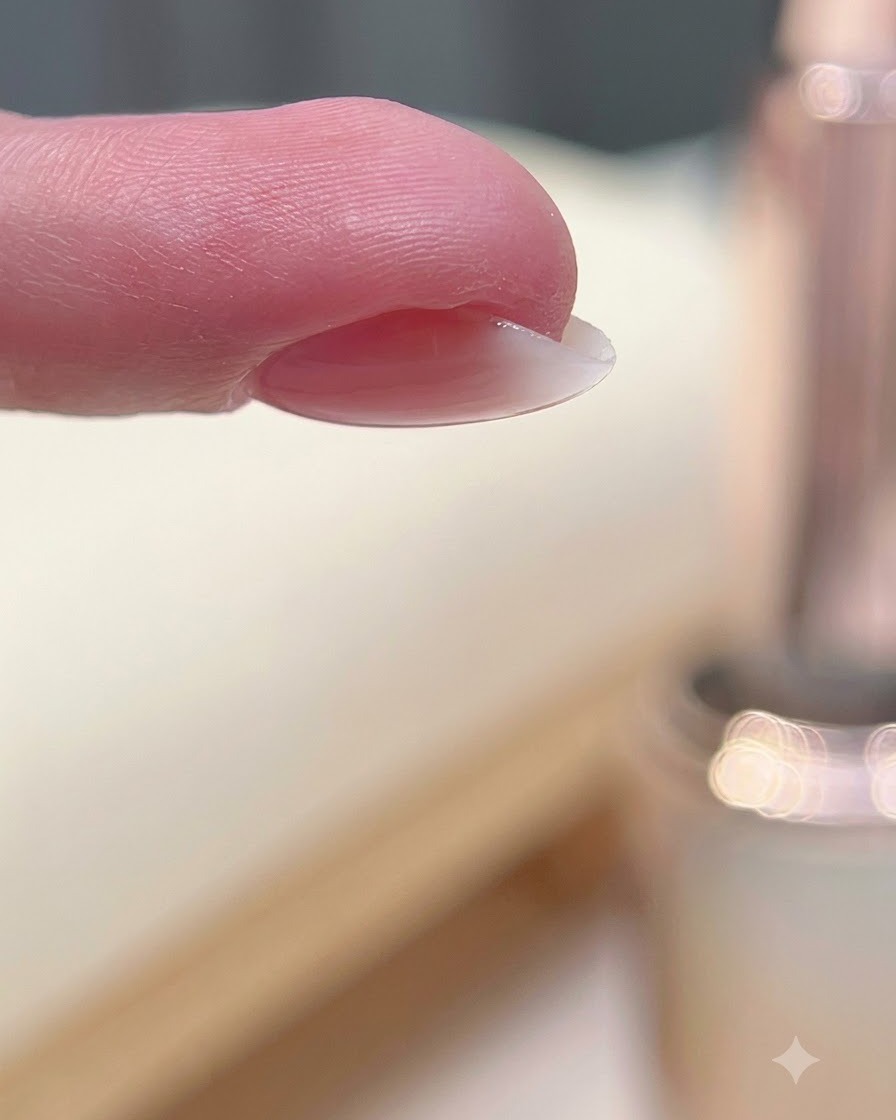 A finger turned upside down to let the gel self-level and form a center apex.