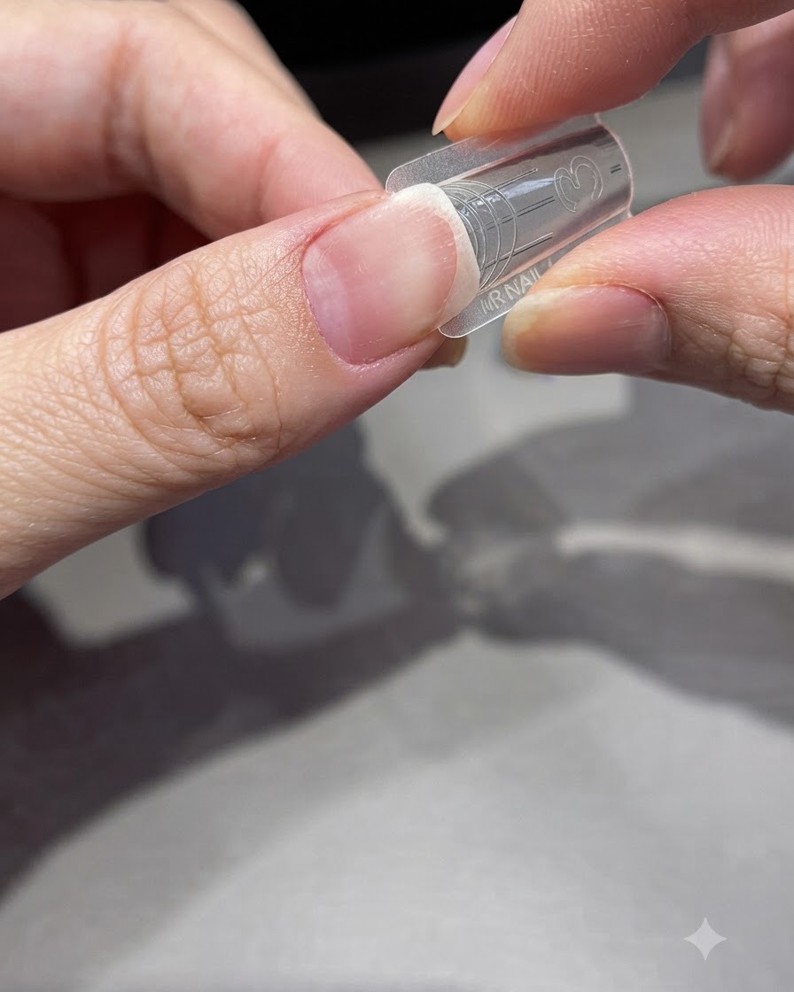An index finger holding a clear nail extension mold form against a natural nail bed under soft lighting.