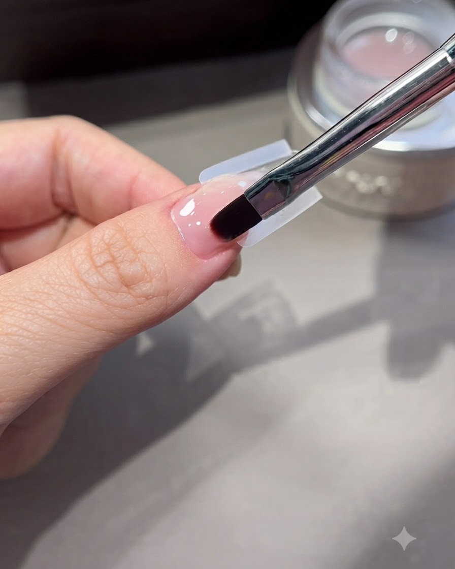 A close-up of a fine liner brush smoothing and refining the gel edge near the cuticle area.