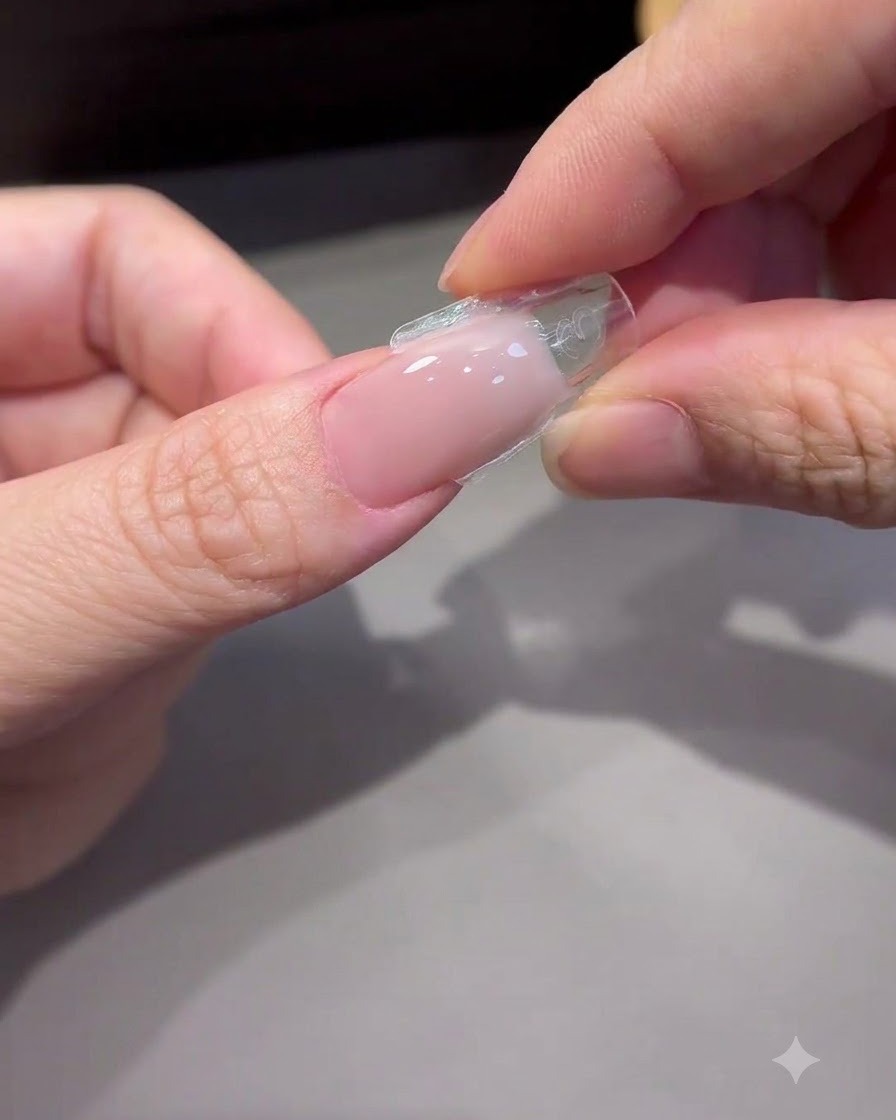 Fingers gently pinching the sides of a clear dual form to release it from a cured gel nail extension.