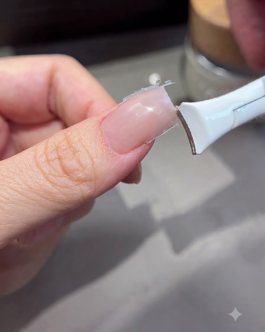 A nail clipper trimming the free edge of a freshly extended gel nail.