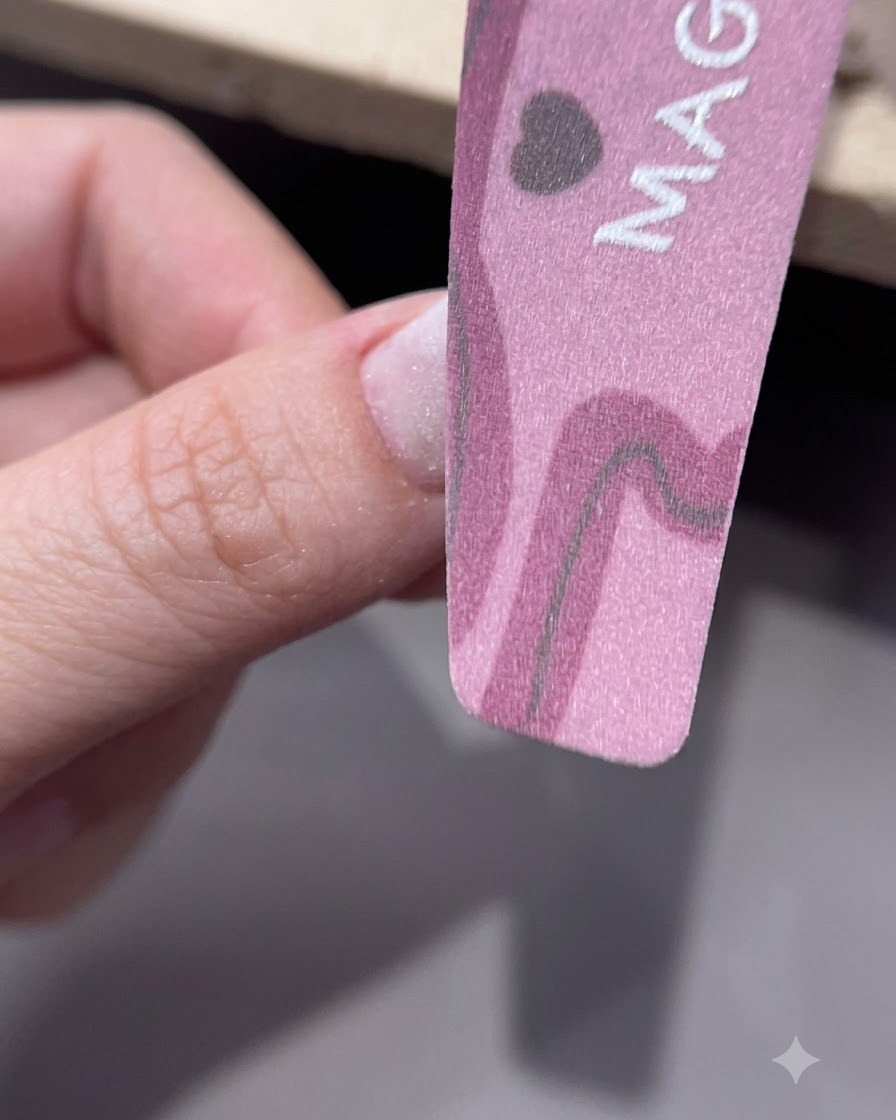 A pink buffer block smoothing the surface of a manicured nail.