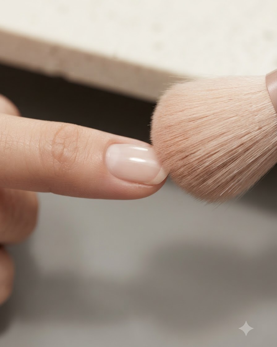 A fluffy brush sweeping away white nail dust from a finished nail surface.