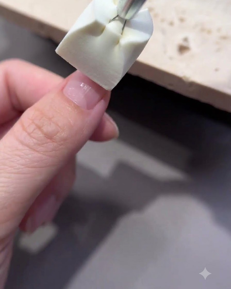 A sponge applicator dabbing light pink color onto the tip of a manicured nail.