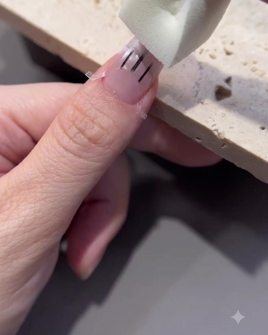 A sponge block stamping white polish over a french guide sticker on a nail.