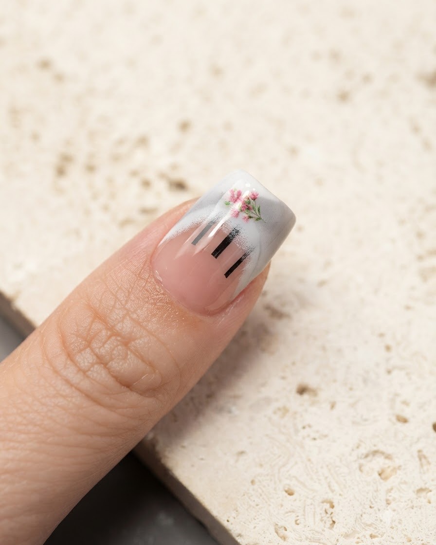Tweezers placing small pink floral stickers onto the french tip of a nail.