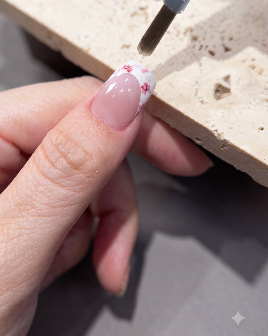 A brush applying a clear gel layer over a nail decorated with floral stickers.