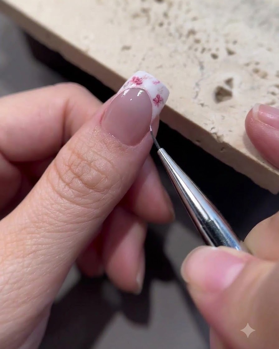 A fine liner brush neatly outlining the curved edge of a french manicure tip.