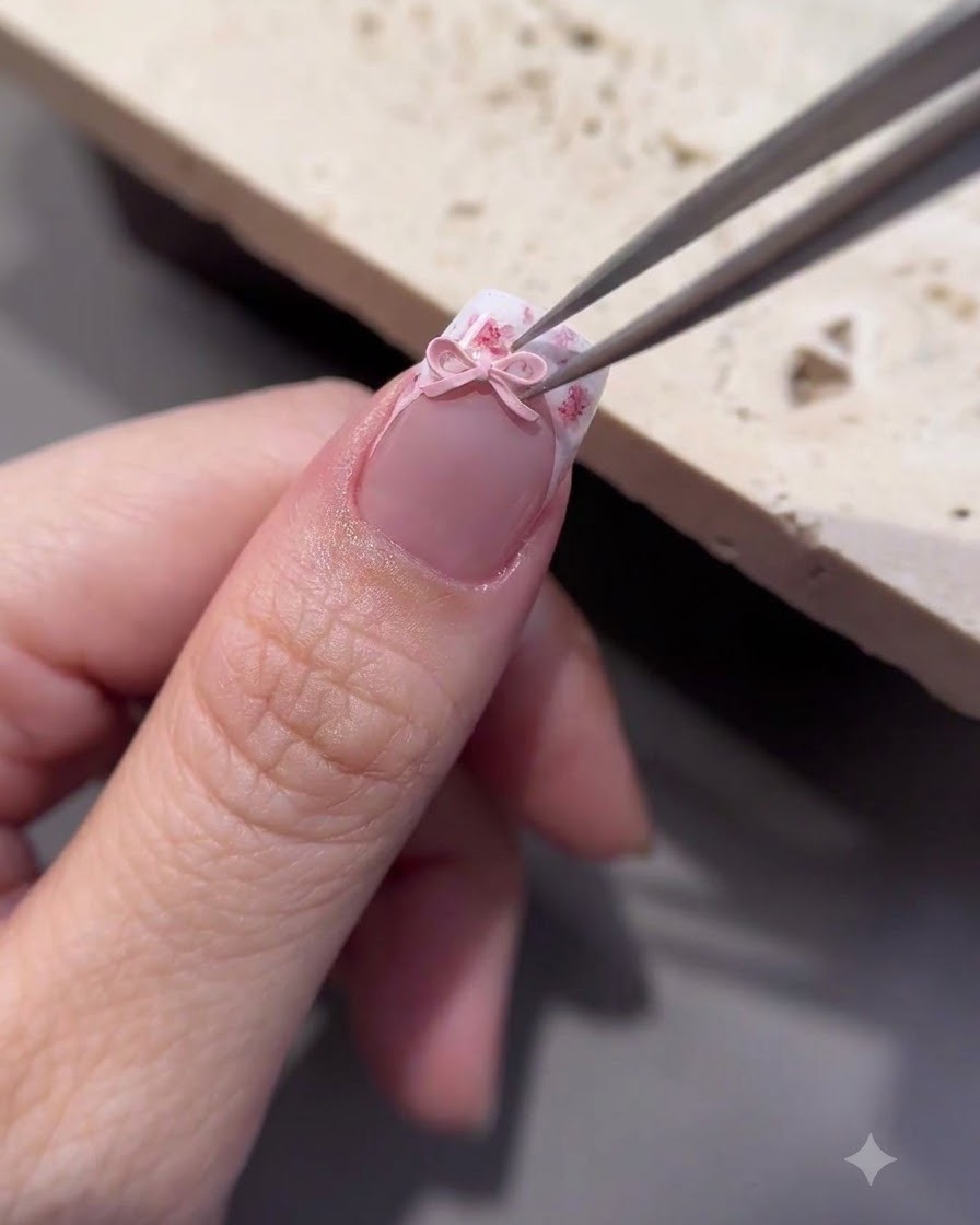 Tweezers placing a small 3D pink bow charm onto the top-coated nail surface.