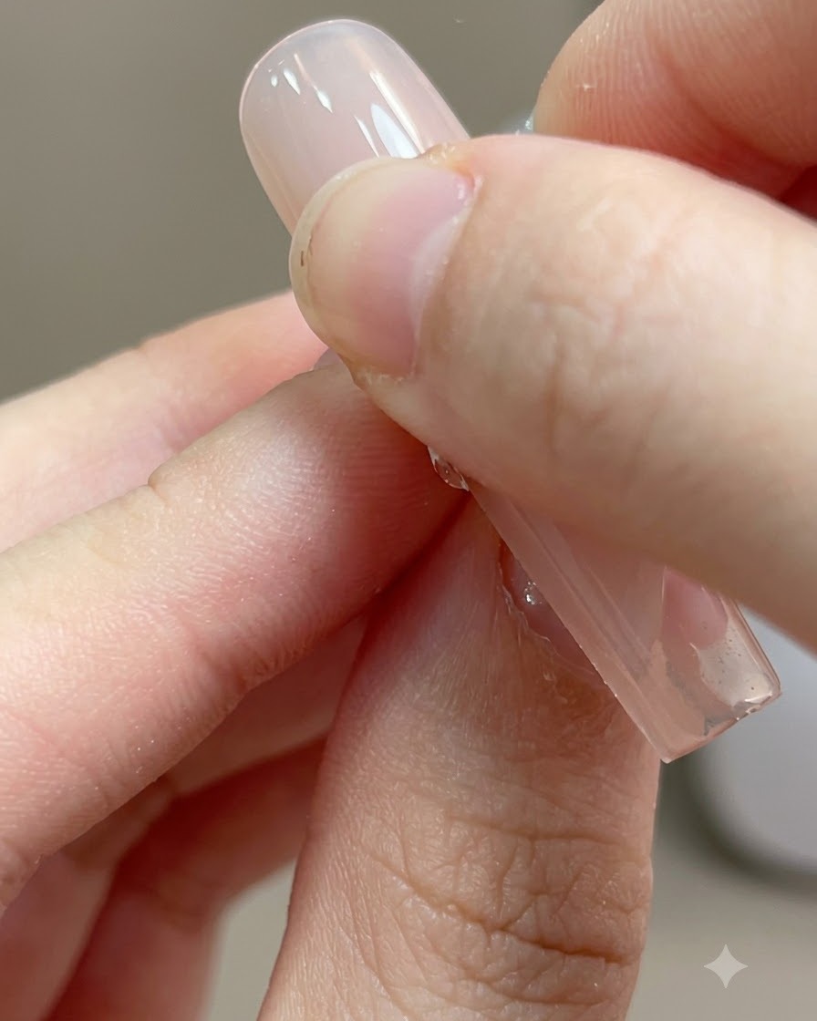 An alcohol wipe cleaning the sticky residue off the cured pink gel surface of a nail.