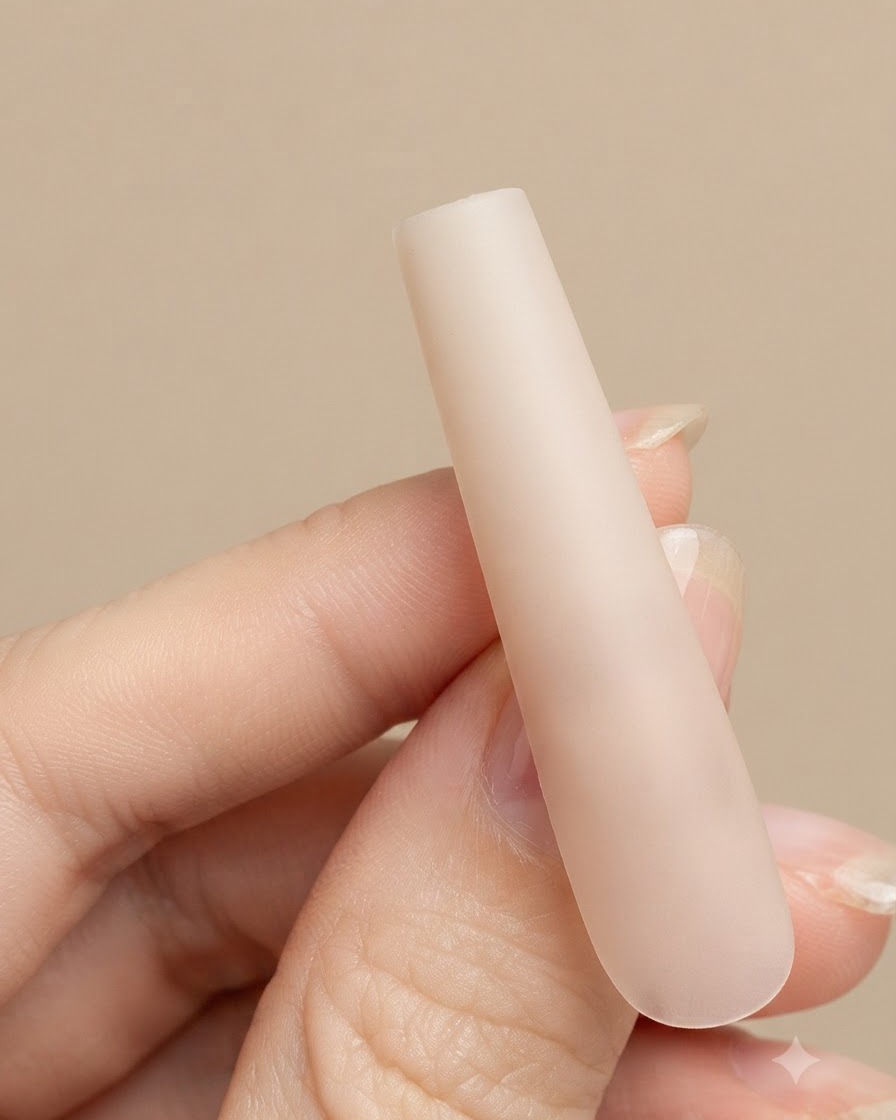 A completed soft gradient nail showing a concentrated white transition at the fingertip.