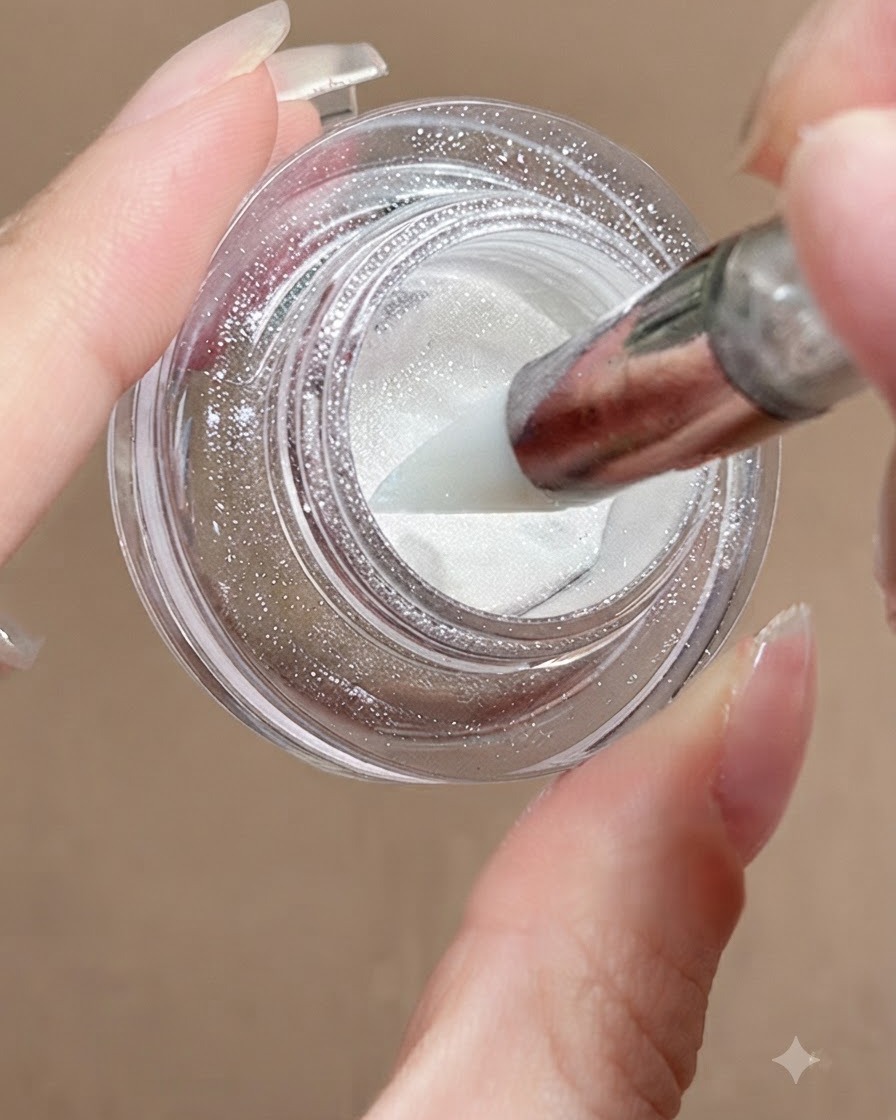 A silicone pen tool dipping into a jar of shimmering white-moon chrome powder.