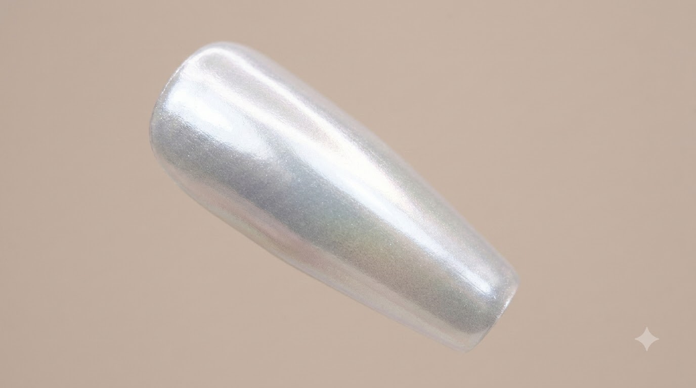 Long coffin-shaped nail featuring an ultra-glossy pearlescent white aurora chrome finish with a smooth gradient effect.