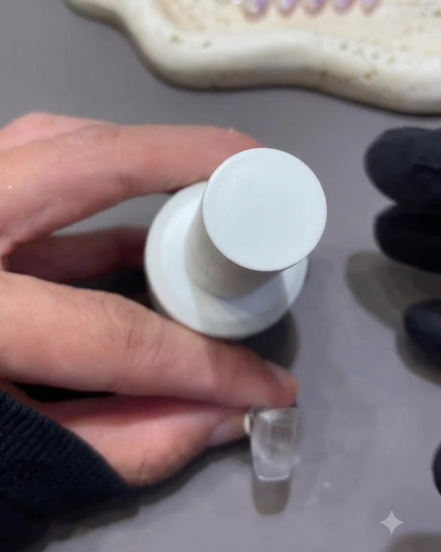 A close-up of a nail brush holding a bottle of nude sculpting gel next to a bare artificial nail.