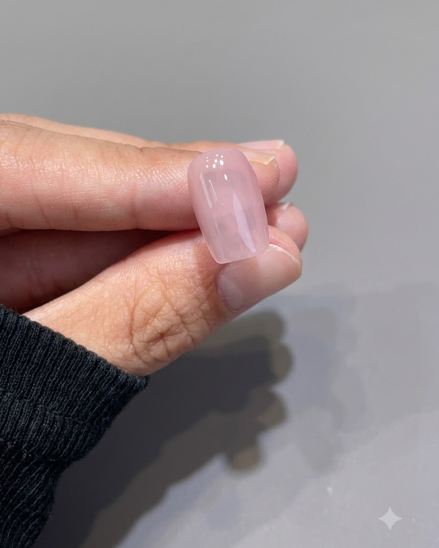 A single glossy translucent pink nail held between fingers after being cured.