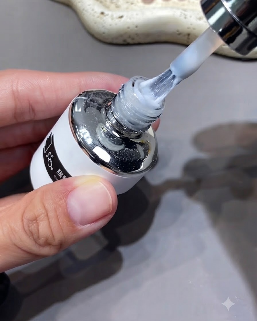 A bottle of white chrome top coat with the applicator brush held up, showing the viscous liquid.