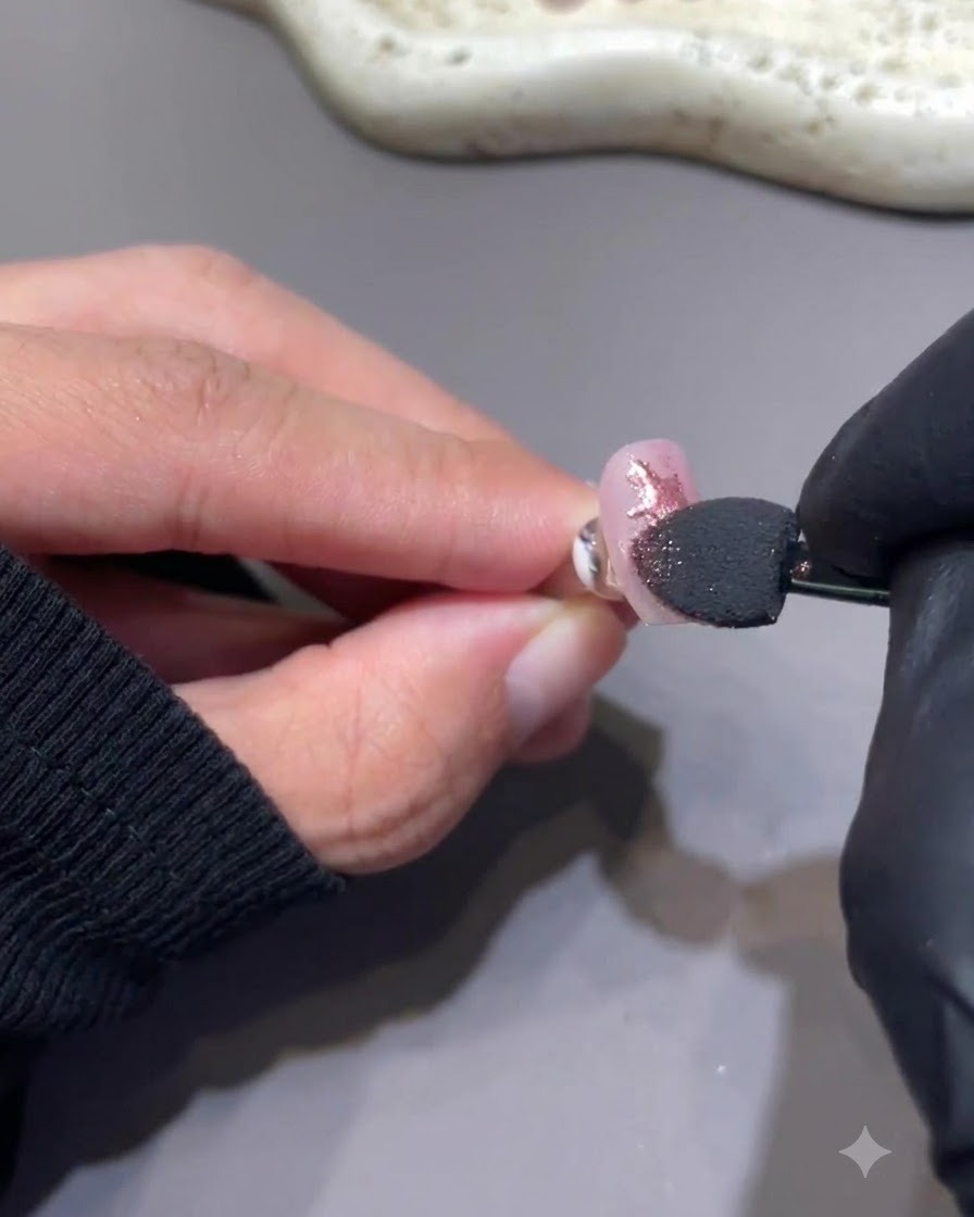 A sponge applicator pressing berry pink chrome powder directly onto a painted star design on a nail.