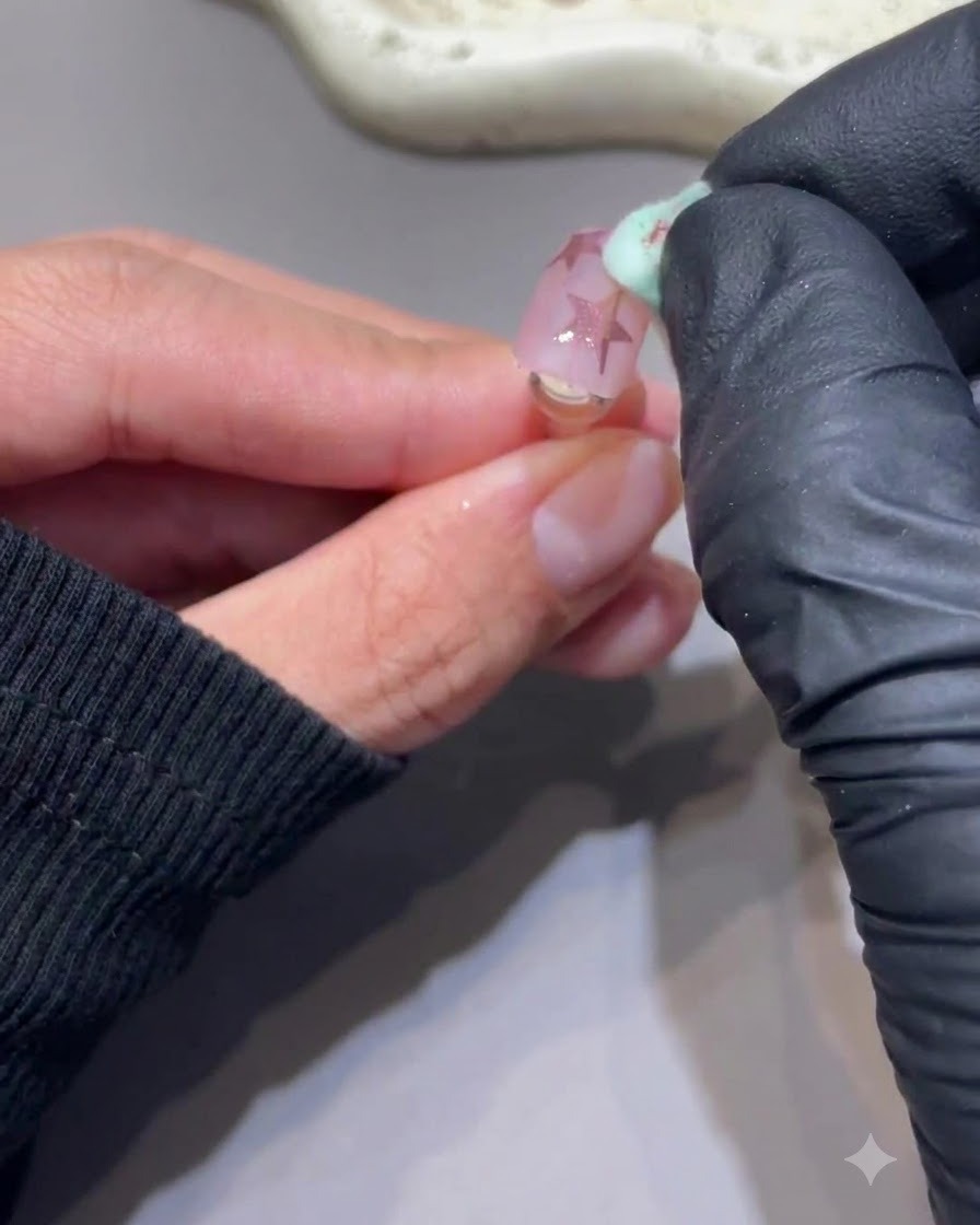A clean sponge gently brushing away excess powder from a nail featuring pink chrome stars.