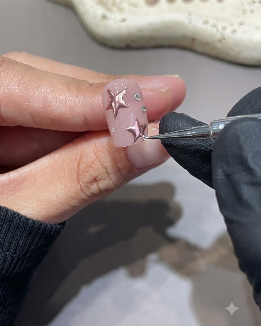 A detailing tool placing small sparkling rhinestones onto a pink nail decorated with chrome stars.