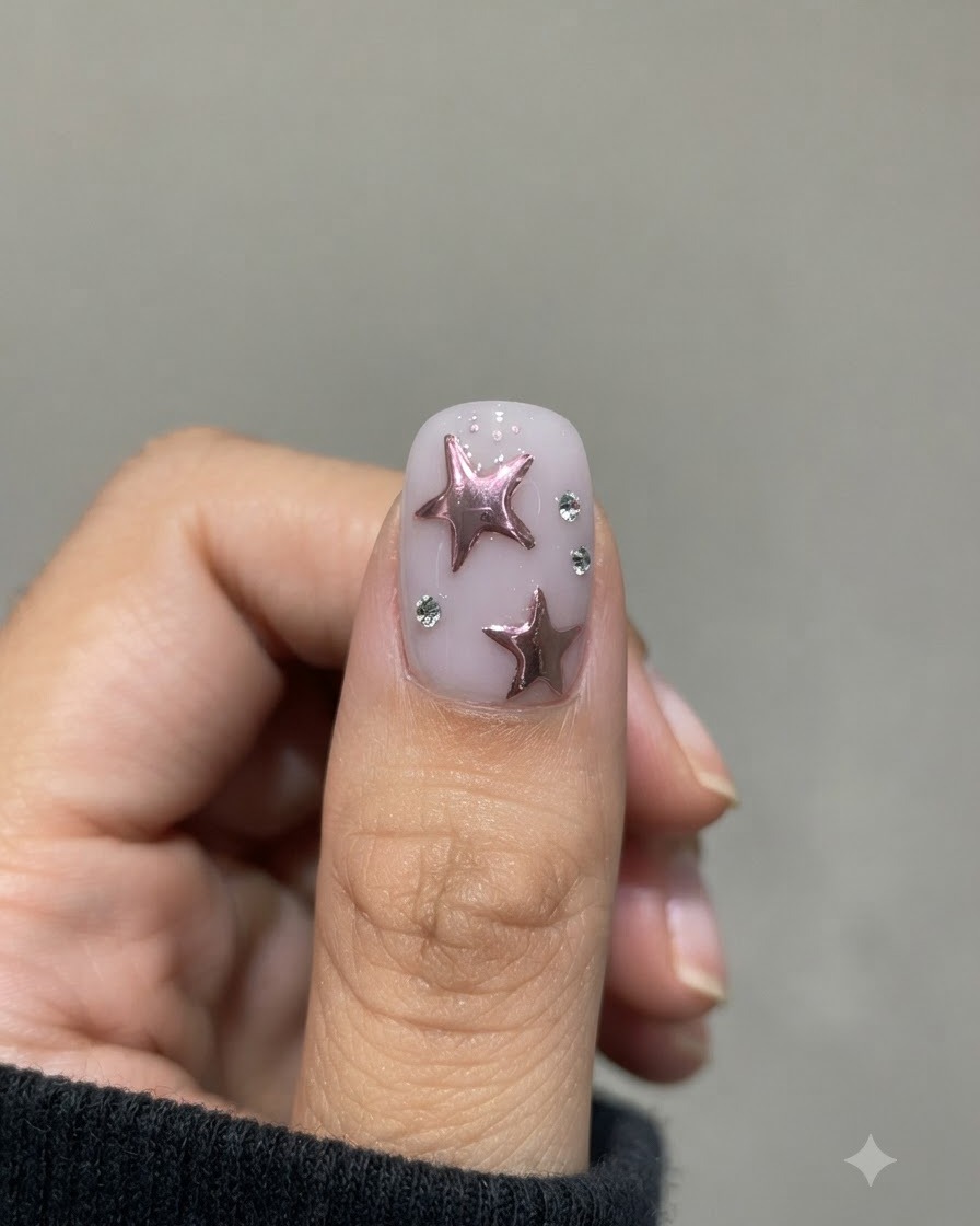 A close-up of a hand with decorated star nail art and rhinestones placed inside a compact UV/LED nail curing lamp.