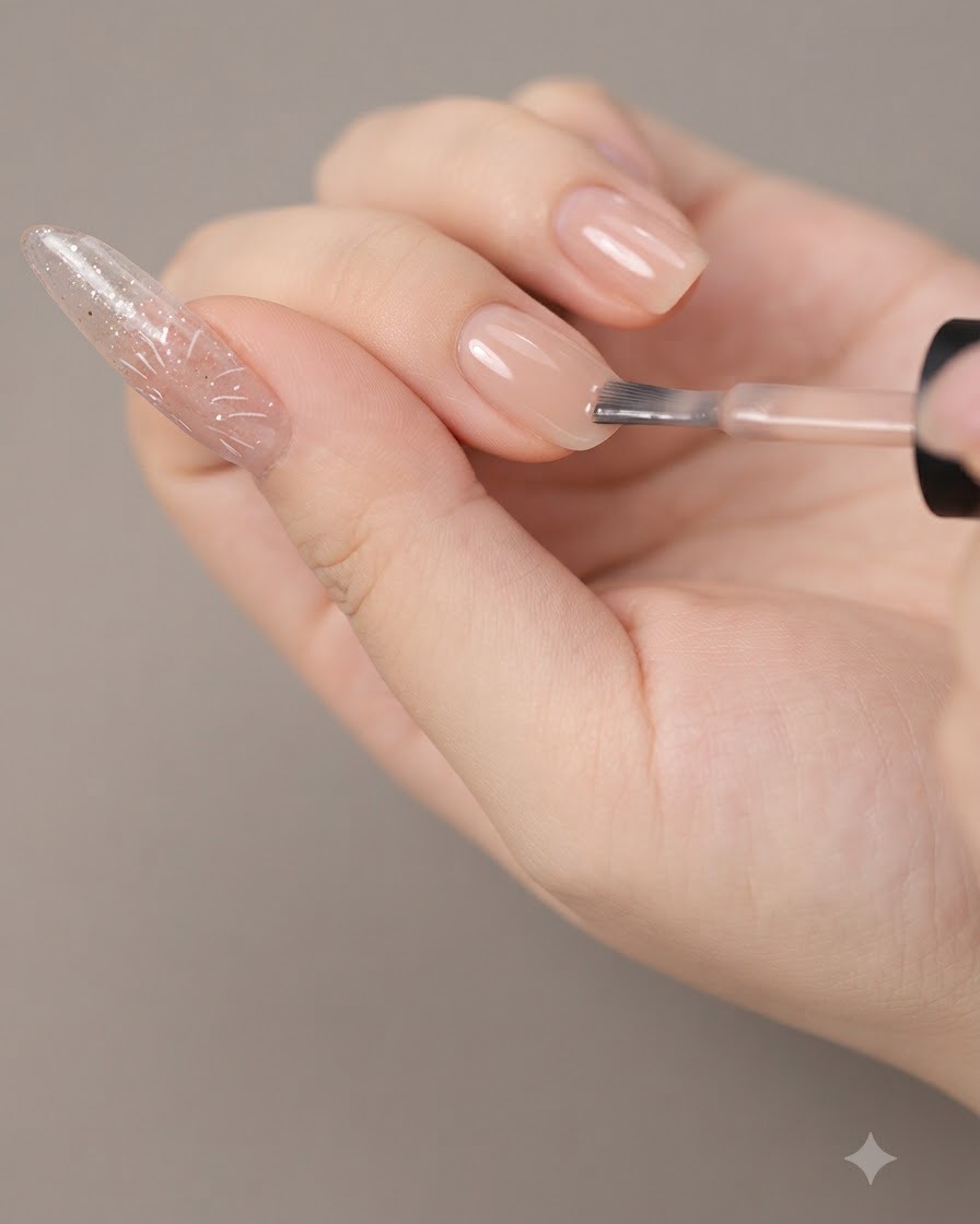 A nail brush applying a smooth layer of nude base gel polish onto an elongated practice nail.