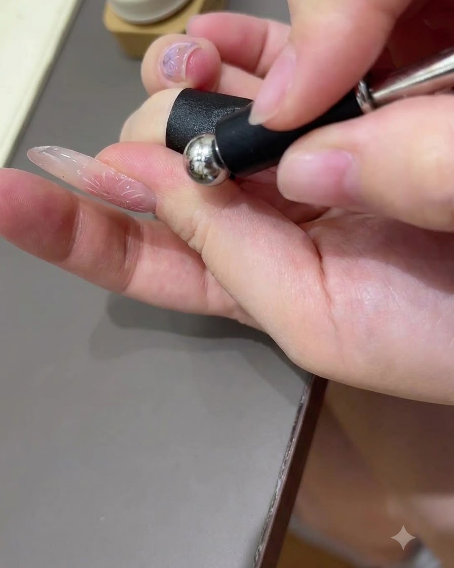 A magnetic ball tool being held closely over a glossy nail surface to manipulate cat eye gel particles.