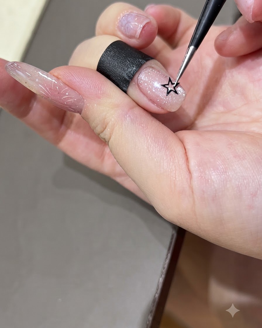 A fine brush pointing near a hollow star sticker placed in the center of a glitter nail plate.