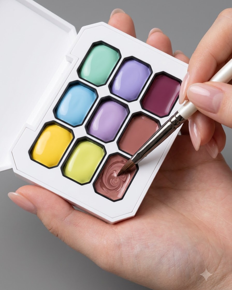 A nail brush dipping into a pink compartment of a multi-color palette.