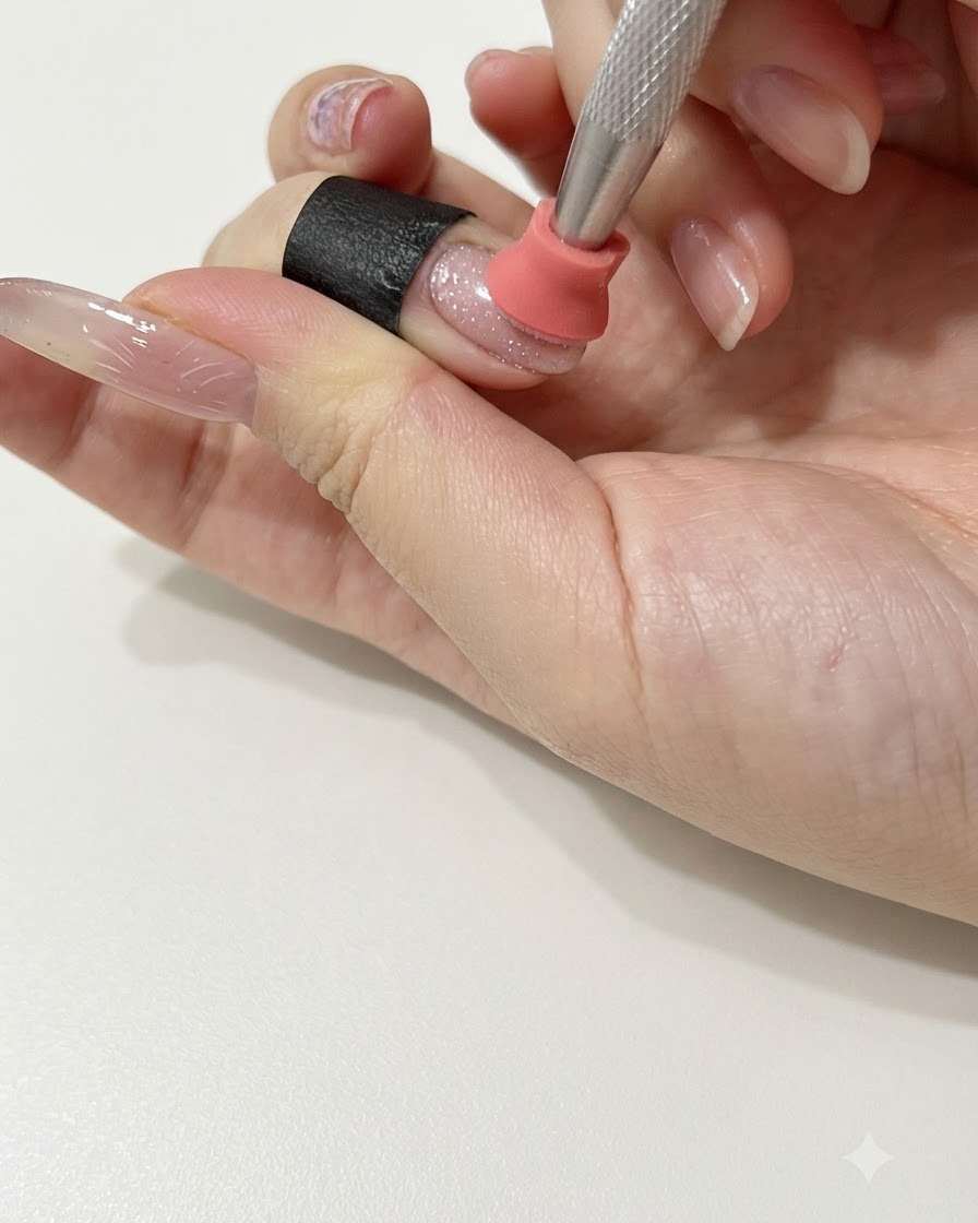 A silicone patting tool pressing pink gel onto the nail surface inside the star area.