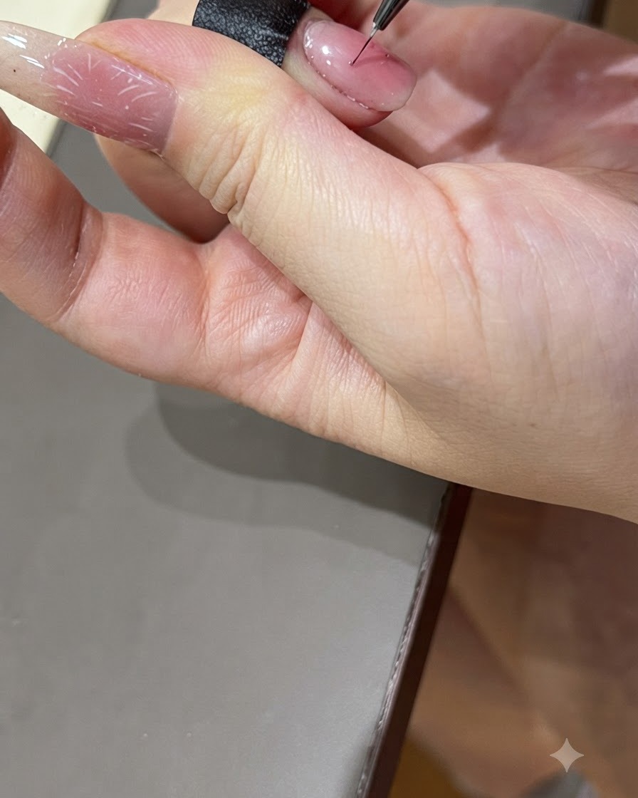 A fine nail art brush picking up colorful patting gel from a palette.