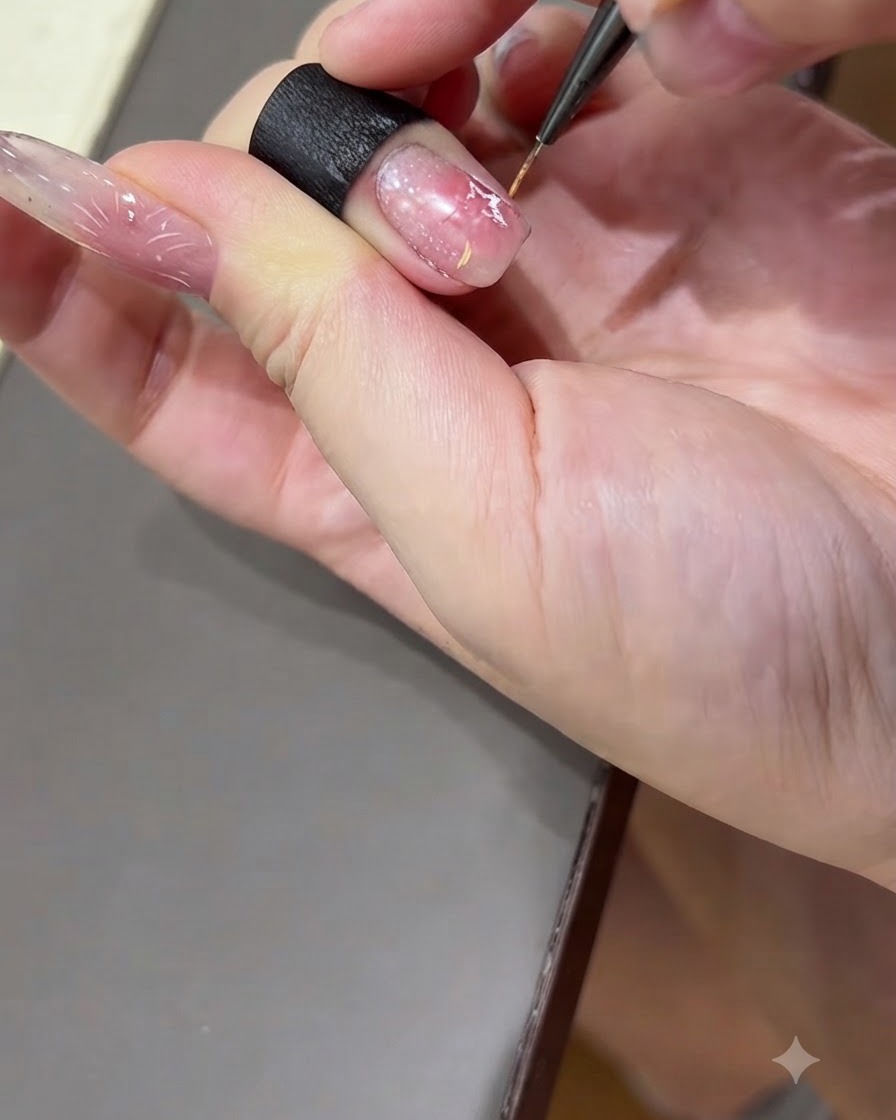 A fine detail brush drawing colorful radiant lines outward from a star shape on a gel nail.