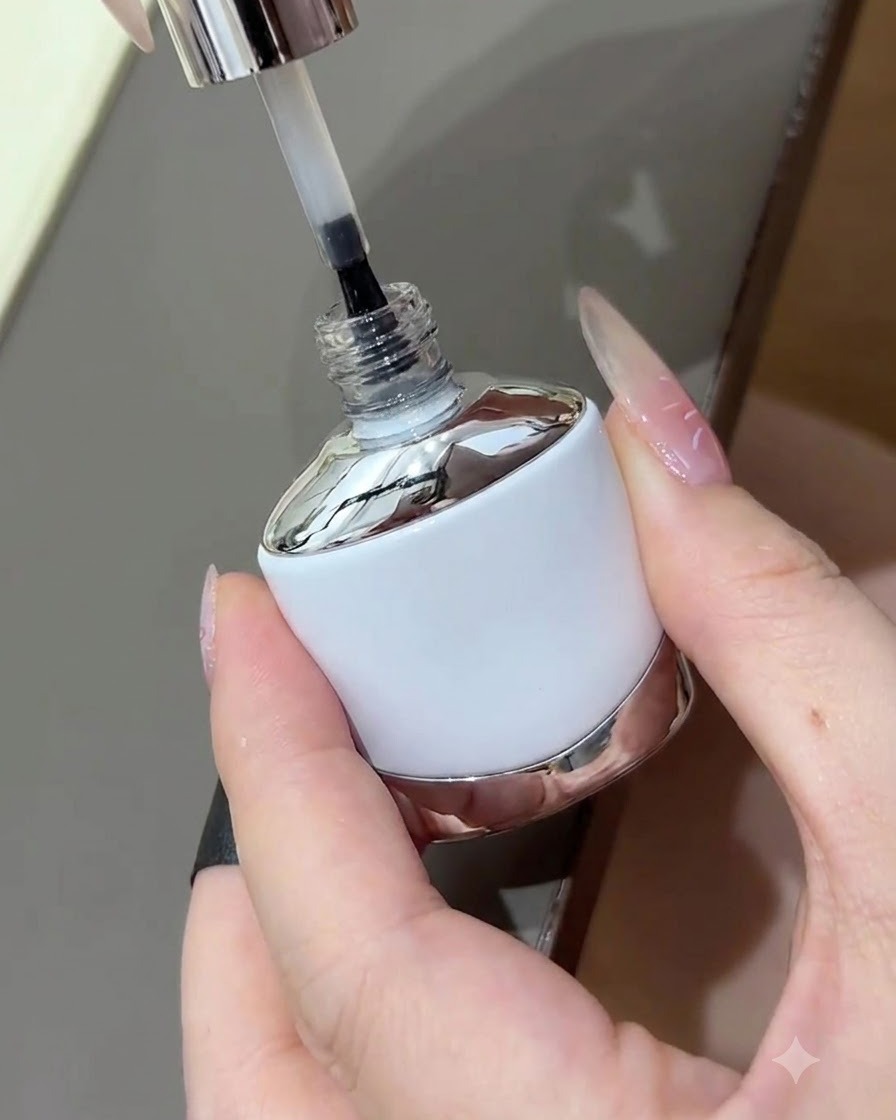 A bottle of nail top coat with its brush lifted, ready to apply a protective glossy seal over the manicure.