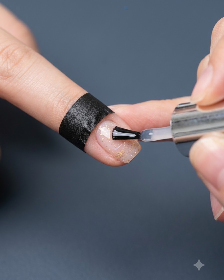 A top coat brush applying the final sealing layer onto a completed hollow rainbow star gel nail design.