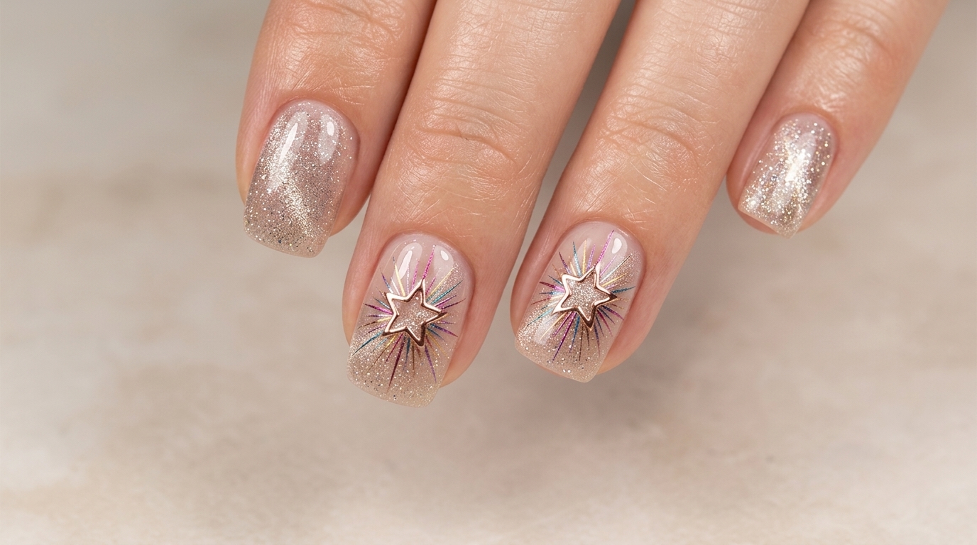Close-up view showcasing completed hollow rainbow star gel nails with sheer nude base, cat-eye shimmer, and delicate hollow star art.