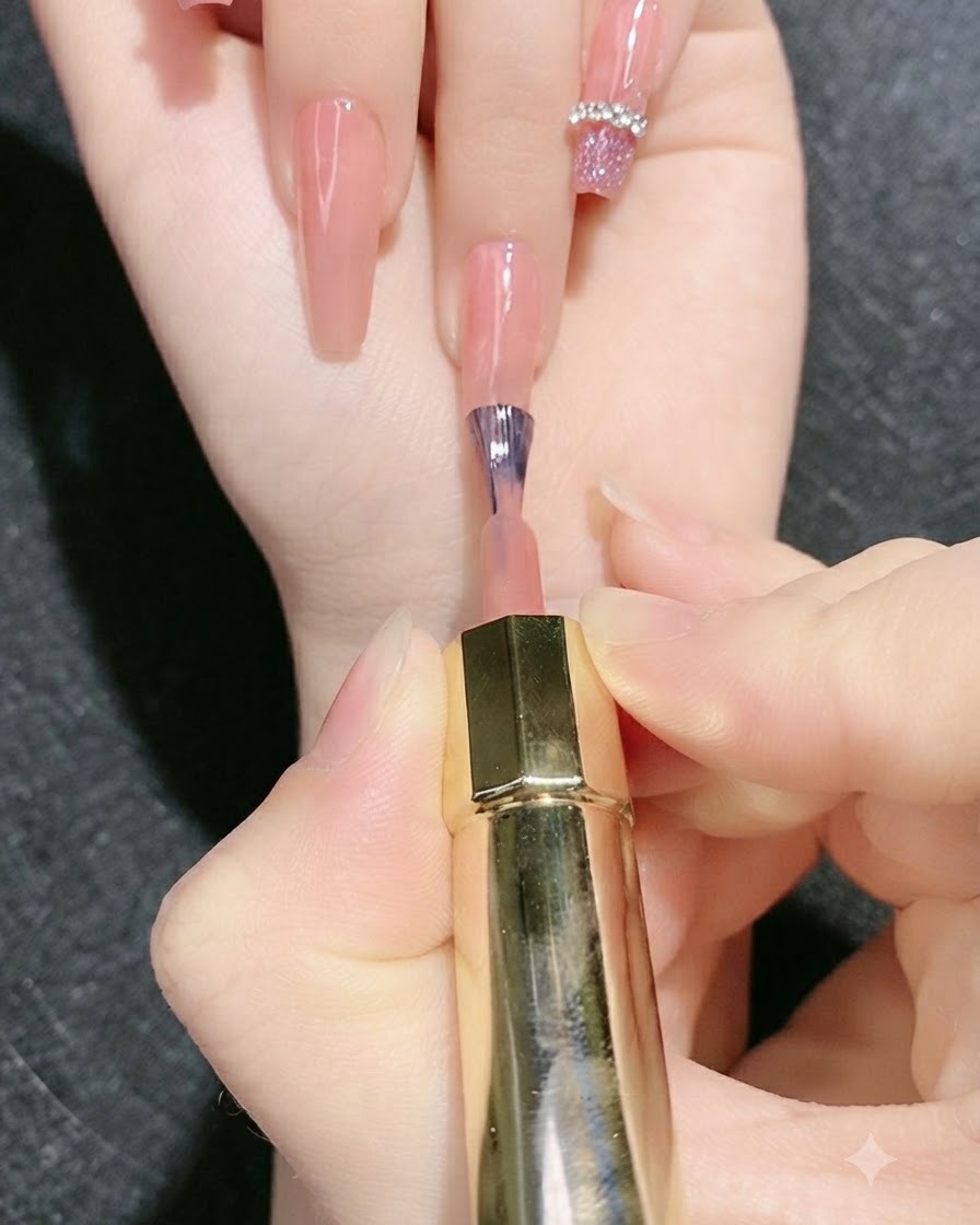 A fine liner brush applying clear builder gel to trace a heart shape on the nail.