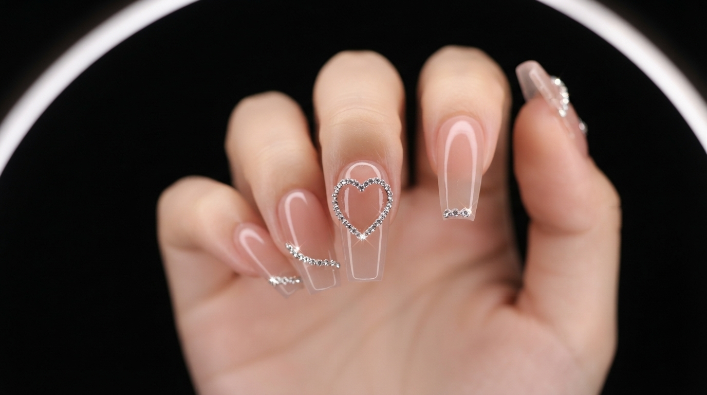 Nude Pink Gradient and Rhinestone Chain Heart Nail Art Design