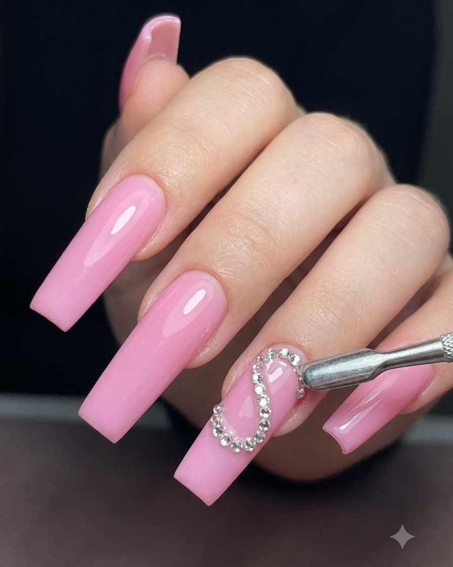 A metal nail tool and a detailed view of a half heart design outlined in sparkling rhinestones on a pink nail.