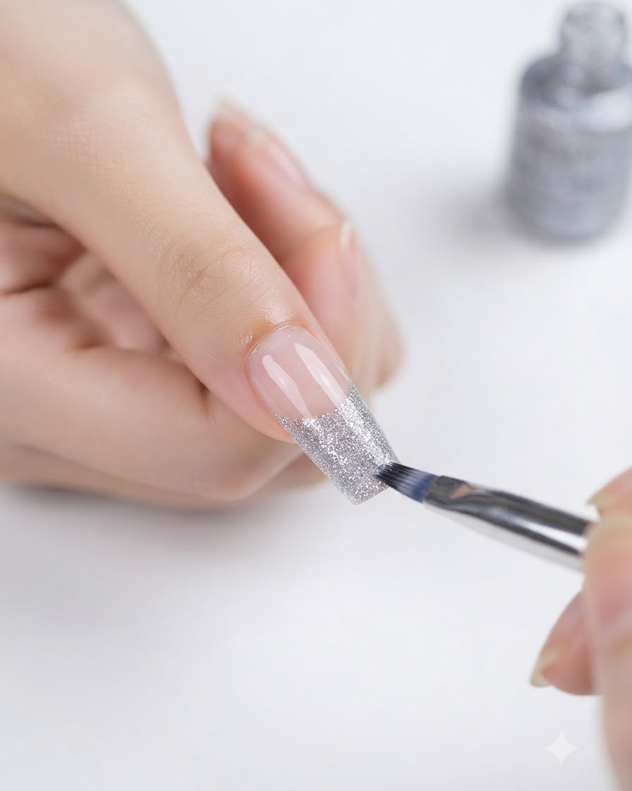 A small brush applying silver glitter gel polish onto the tip of a nail to form a gradient.