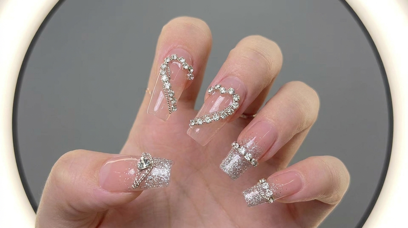 Pink Nude Gel Nails with Rhinestone Heart Outlines and Silver Chain Art — Step-by-Step Tutorial
