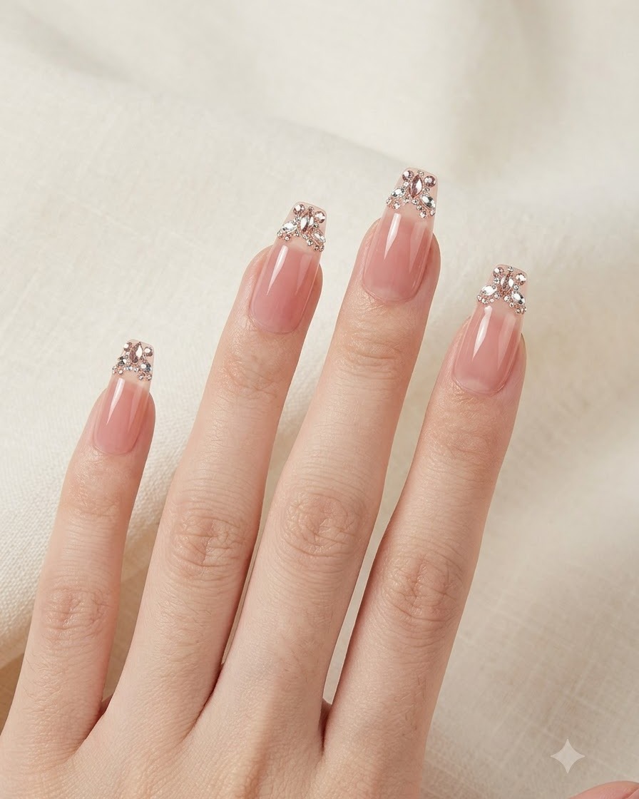 Close-up perspective highlighting the balanced structure and almond shape of press-on nail extensions on fingers.