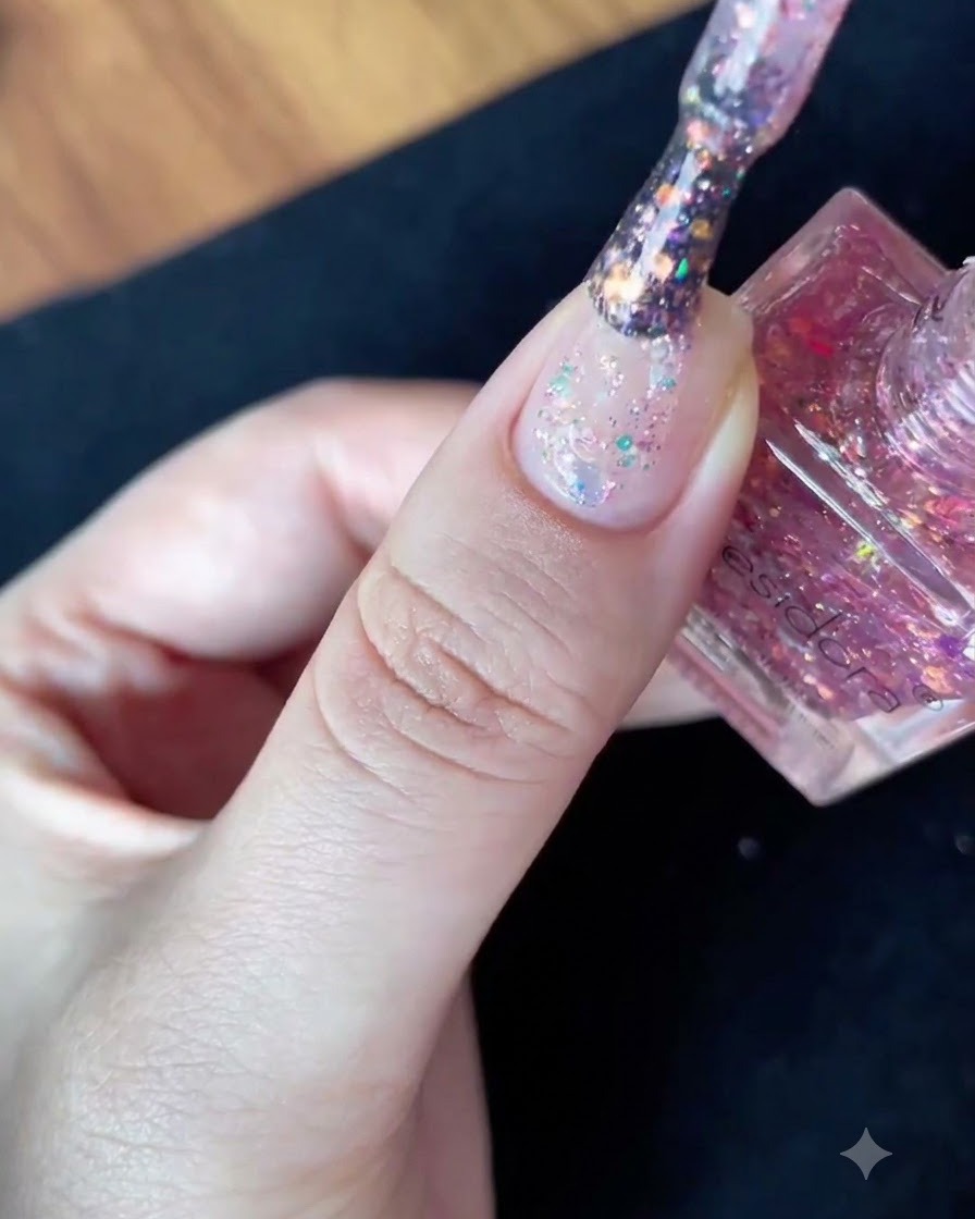 A close-up of a nail polish brush holding dense multicolored glitter flakes as it is pulled from the bottle.