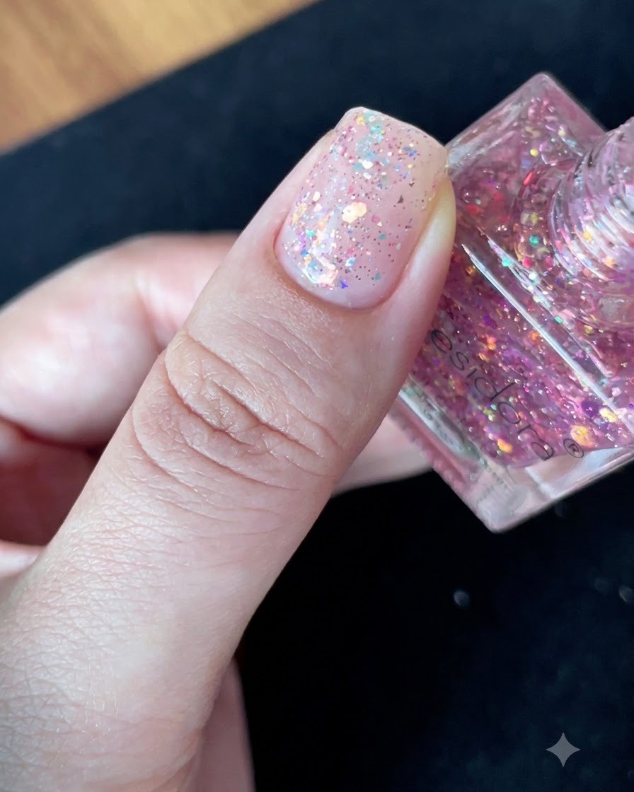 A brush tip gently pushing and spreading glitter flakes outward across the nail plate.